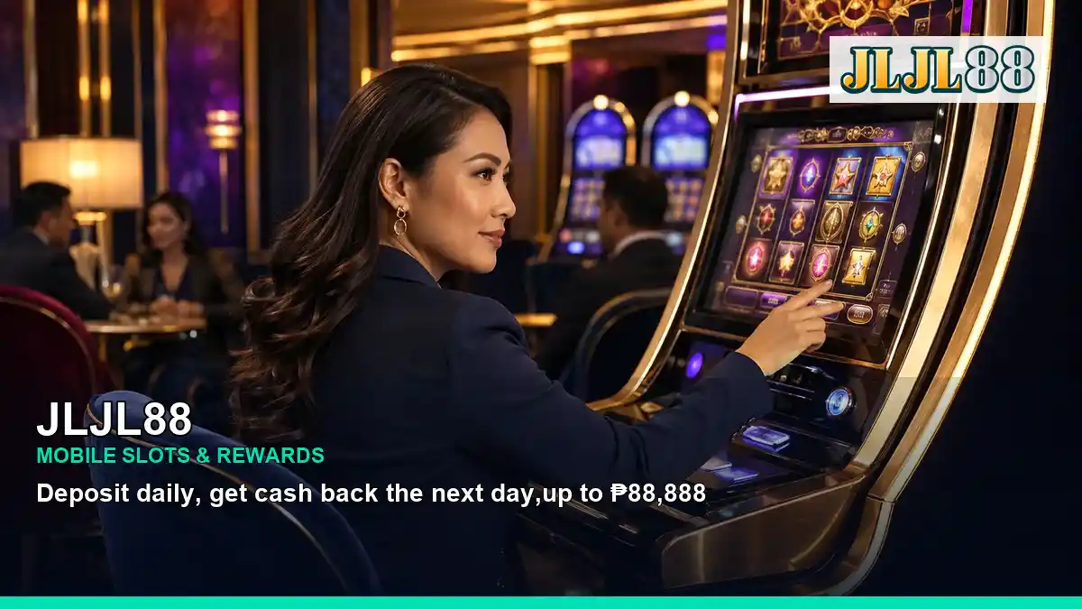 JLJL88 VIP casino rewards featuring an adult Filipina casino host with a celebratory composition