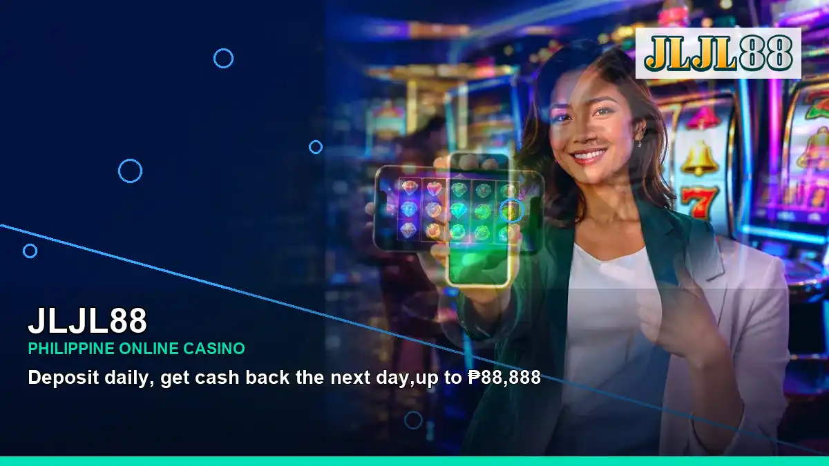 JLJL88 mobile casino app featuring an adult Filipina casino host with a right-framed composition